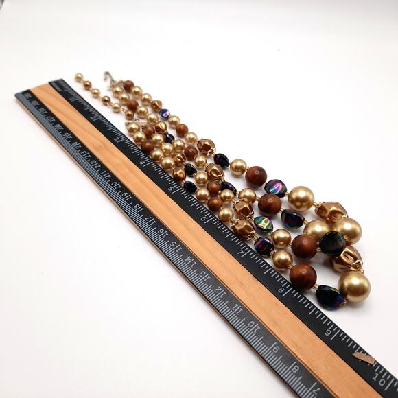 Vintage Japan Art Bead Necklace Iridescent Glass Wood Pearl Double Strand main image 4